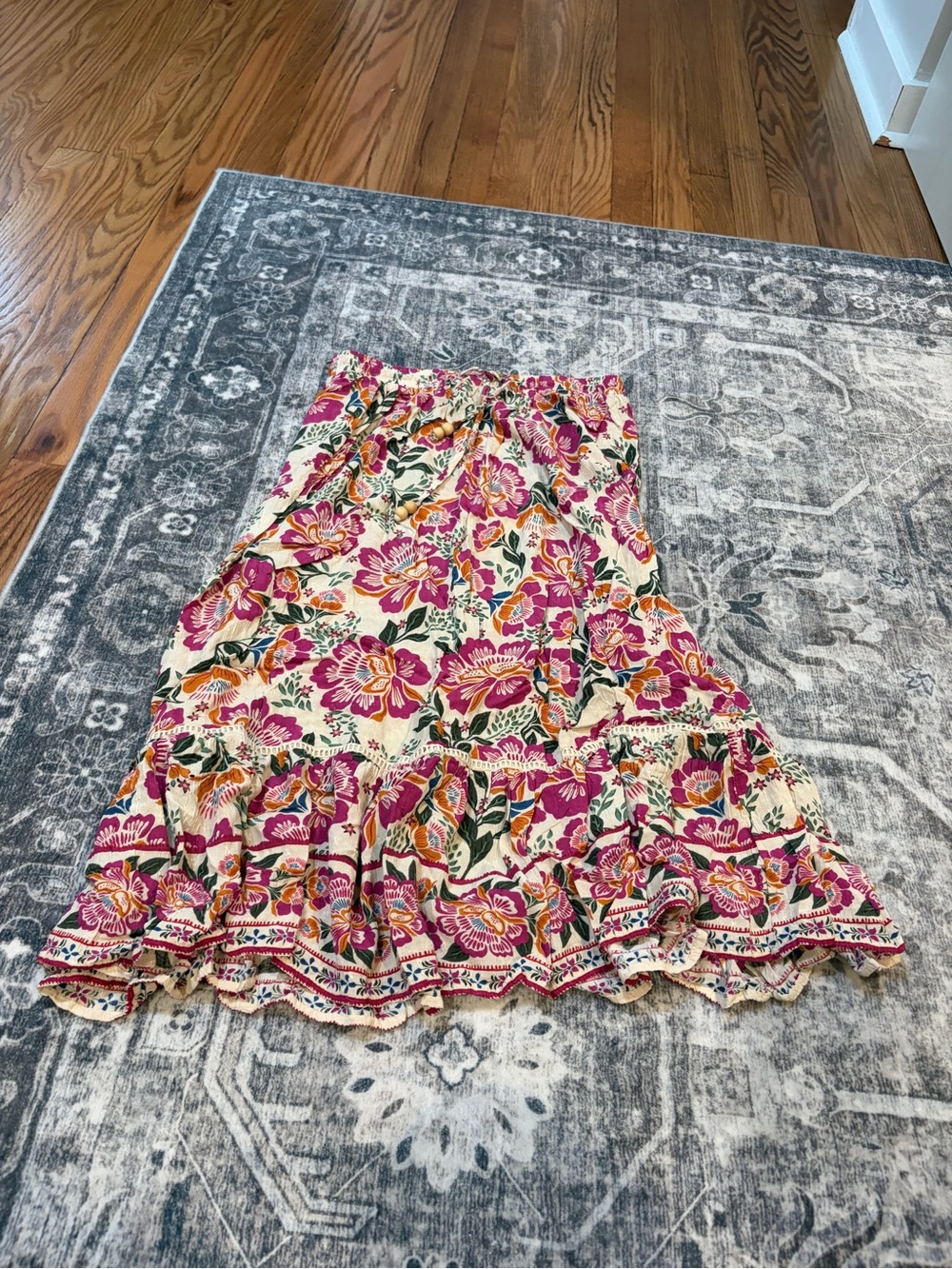 Nicole Miller Artelier Pink Floral Tiered Midi Skirt on Cream